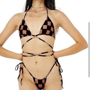 Memorial Day luxury black brown Check crochet Bikini Set sz 0 1 XS XXS micro top